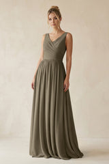 V - Neck Chiffon A - Line Long Bridesmaid Dress in Willow Green - KissProm Bridesmaid Dresses