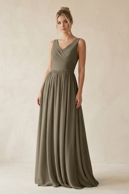V - Neck Chiffon A - Line Long Bridesmaid Dress in Willow Green - KissProm Bridesmaid Dresses