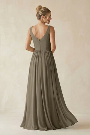 V - Neck Chiffon A - Line Long Bridesmaid Dress in Willow Green - KissProm Bridesmaid Dresses