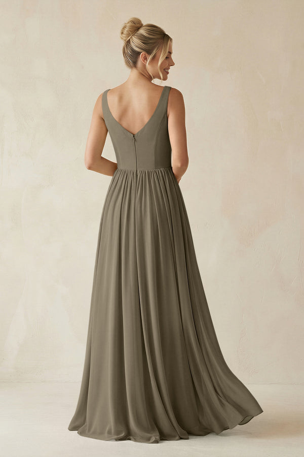 V - Neck Chiffon A - Line Long Bridesmaid Dress in Willow Green - KissProm Bridesmaid Dresses