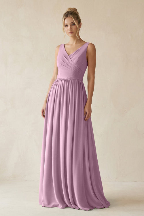V - Neck Chiffon A - Line Long Bridesmaid Dress in Wisteria - KissProm Bridesmaid Dresses