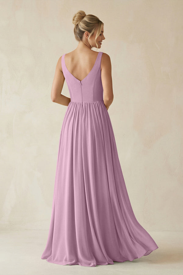 V - Neck Chiffon A - Line Long Bridesmaid Dress in Wisteria - KissProm Bridesmaid Dresses