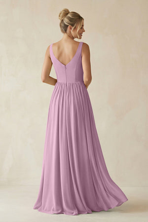 V - Neck Chiffon A - Line Long Bridesmaid Dress in Wisteria - KissProm Bridesmaid Dresses