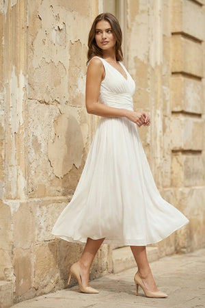 V - Neck Chiffon A - Line Midi Wedding Dress in White - KissProm Wedding Dresses