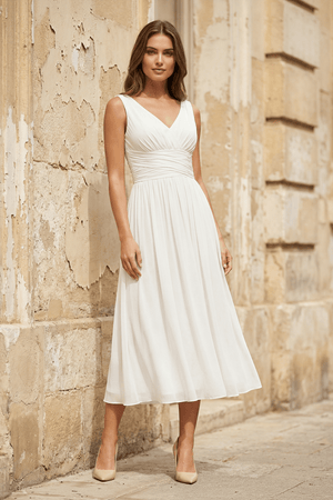 V - Neck Chiffon A - Line Midi Wedding Dress in White - KissProm Wedding Dresses