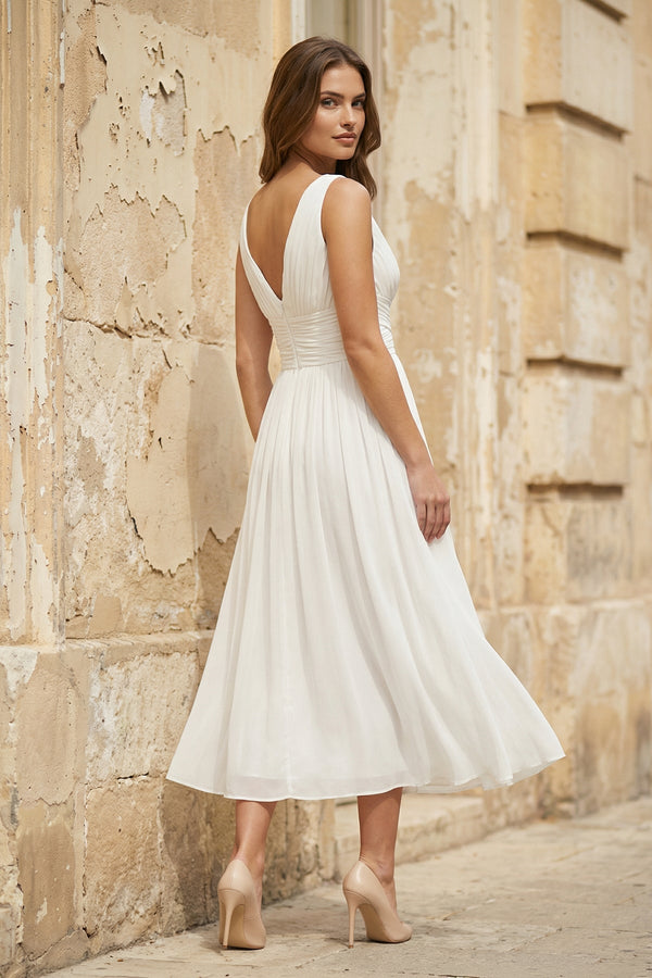 V - Neck Chiffon A - Line Midi Wedding Dress in White - KissProm Wedding Dresses