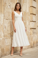 V - Neck Sleeveless Tea - Length Chiffon Wedding Dress With Ruching And Low - V Back  – Wedding Dresses by KissProm | Available at KissProm