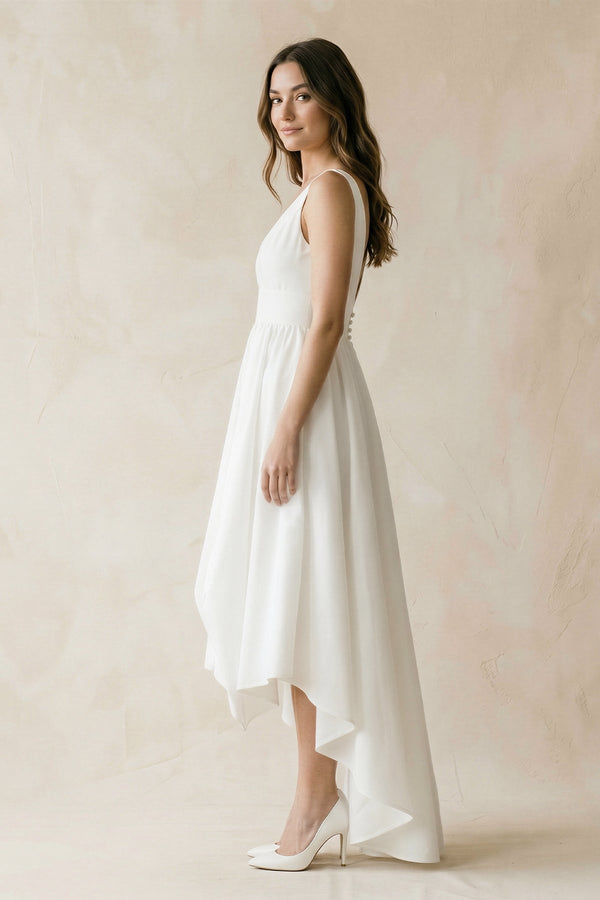 V - Neck Chiffon High - Low Chiffon Wedding Dress in White - KissProm Wedding Dresses