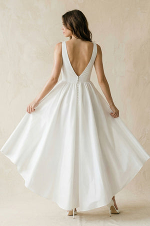 V - Neck Chiffon High - Low Chiffon Wedding Dress in White - KissProm Wedding Dresses