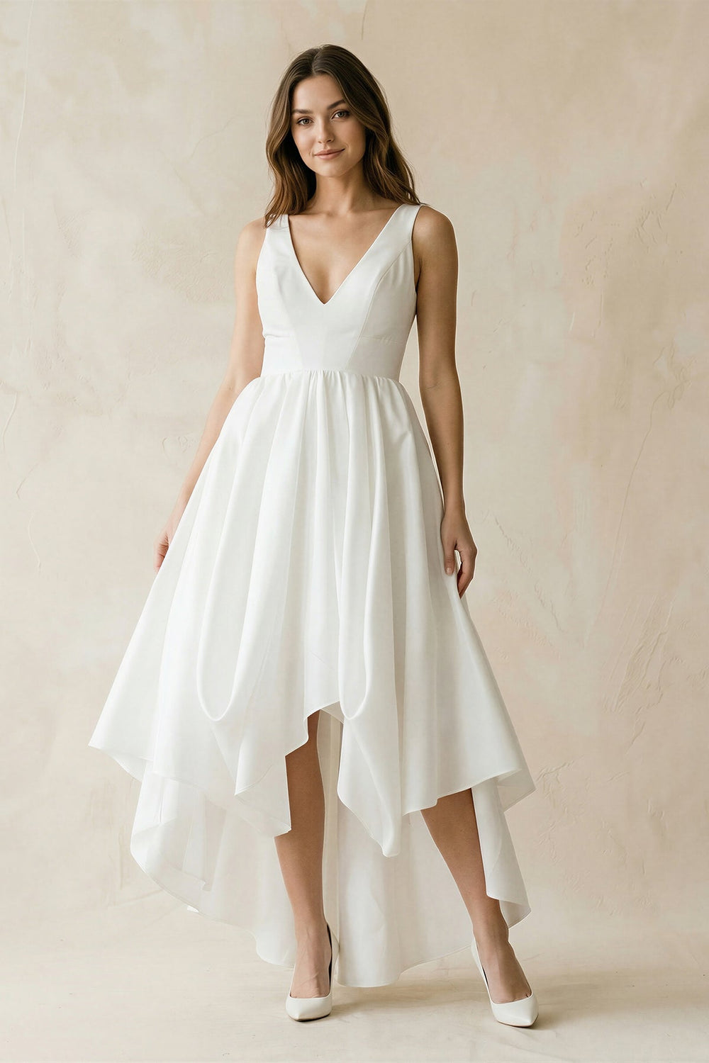 V - Neck Chiffon High - Low Chiffon Wedding Dress in White - KissProm Wedding Dresses