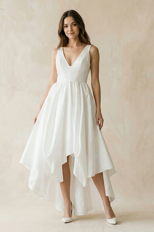V - Neck Chiffon High - Low Chiffon Wedding Dress in White - KissProm Wedding Dresses
