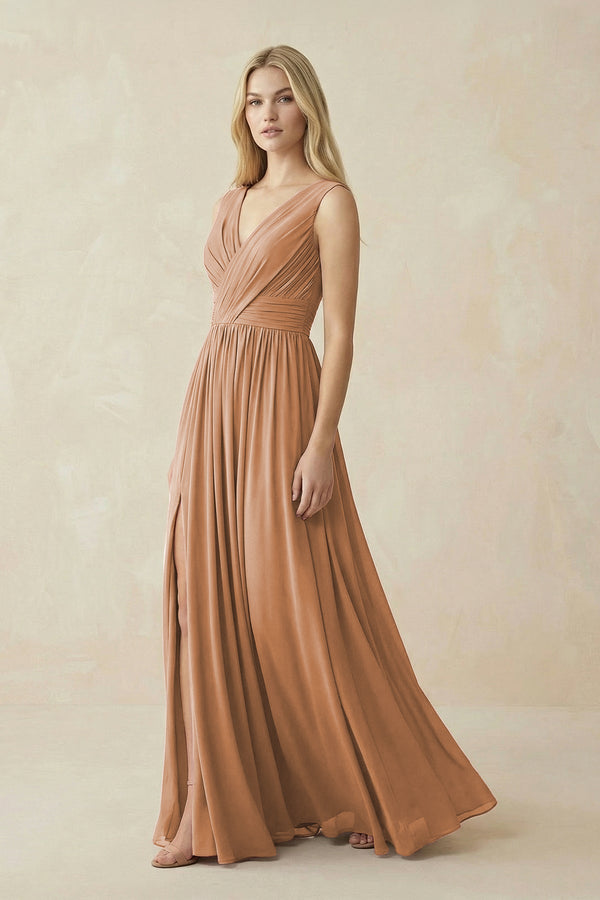 V - Neck Chiffon Pleated A - Line Bridesmaid Dress - KissProm Bridesmaid Dresses