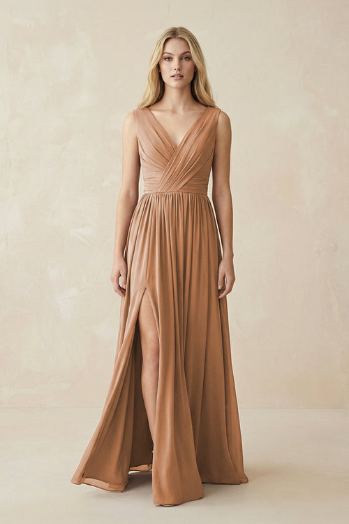 V - Neck Chiffon Pleated A - Line Bridesmaid Dress - KissProm Bridesmaid Dresses