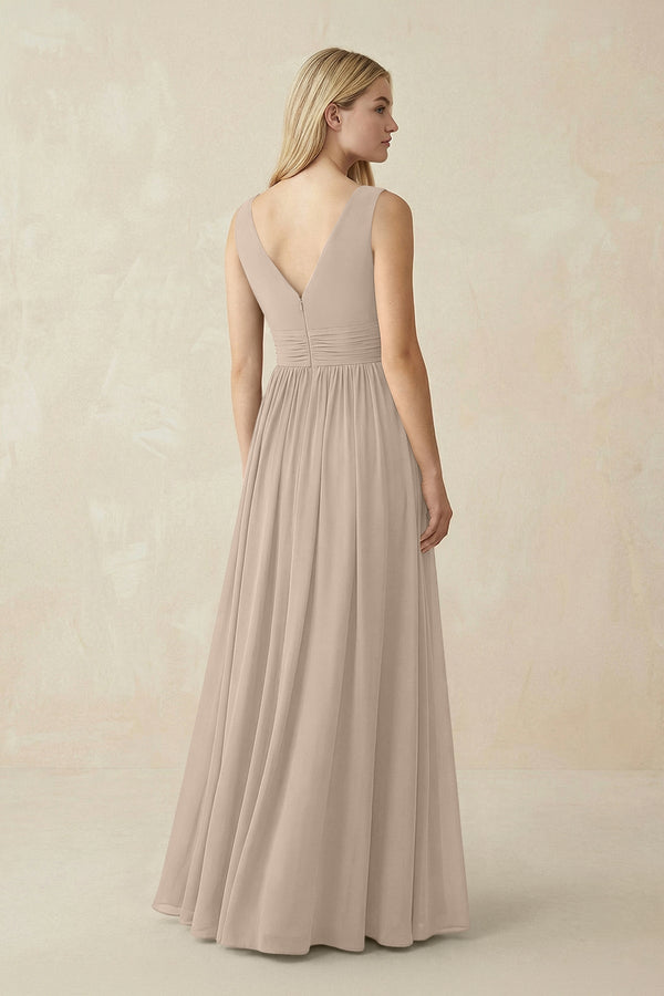V-Neck Chiffon Pleated A-Line Bridesmaid Dress in Almond - KissProm BRIDESMAID DRESSES
