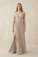 V-Neck Chiffon Pleated A-Line Bridesmaid Dress in Almond - KissProm BRIDESMAID DRESSES