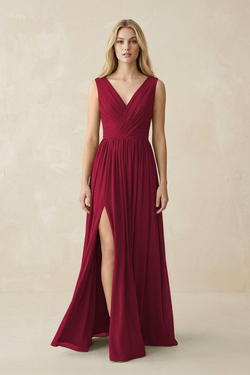 V-Neck Chiffon Pleated A-Line Bridesmaid Dress in Berry - KissProm BRIDESMAID DRESSES
