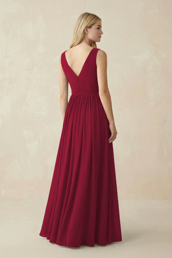 V-Neck Chiffon Pleated A-Line Bridesmaid Dress in Berry - KissProm BRIDESMAID DRESSES
