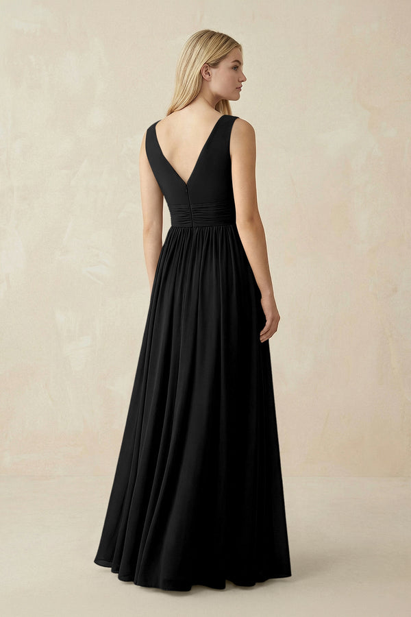 V-Neck Chiffon Pleated A-Line Bridesmaid Dress in Black - KissProm BRIDESMAID DRESSES