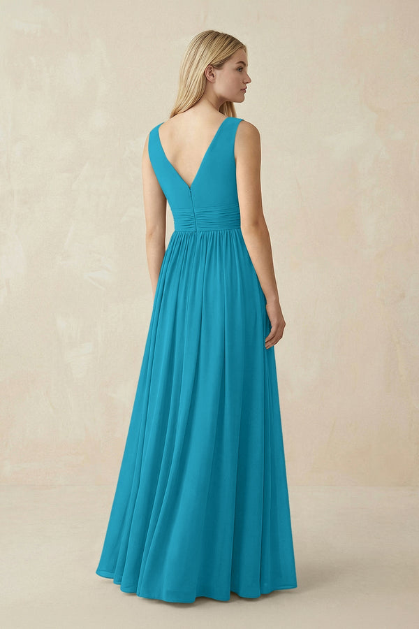 V-Neck Chiffon Pleated A-Line Bridesmaid Dress in Blue Jay - KissProm BRIDESMAID DRESSES