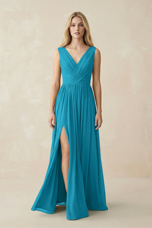 V-Neck Chiffon Pleated A-Line Bridesmaid Dress in Blue Jay - KissProm BRIDESMAID DRESSES