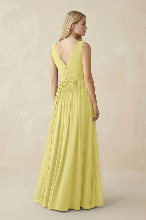 V-Neck Chiffon Pleated A-Line Bridesmaid Dress in Buttercup - KissProm BRIDESMAID DRESSES