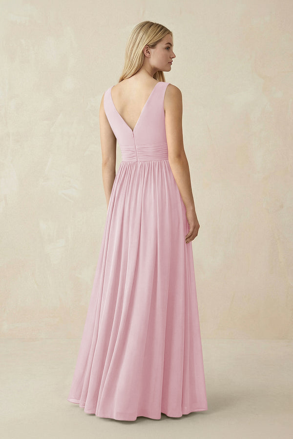 V-Neck Chiffon Pleated A-Line Bridesmaid Dress in Candy Pink - KissProm BRIDESMAID DRESSES