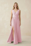 V-Neck Chiffon Pleated A-Line Bridesmaid Dress in Candy Pink - KissProm BRIDESMAID DRESSES