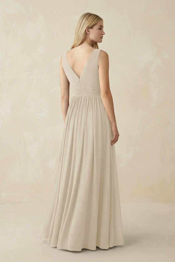 V-Neck Chiffon Pleated A-Line Bridesmaid Dress in Champagne - KissProm BRIDESMAID DRESSES