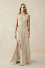 V-Neck Chiffon Pleated A-Line Bridesmaid Dress in Champagne - KissProm BRIDESMAID DRESSES
