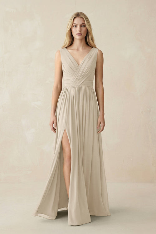 V-Neck Chiffon Pleated A-Line Bridesmaid Dress in Champagne - KissProm BRIDESMAID DRESSES