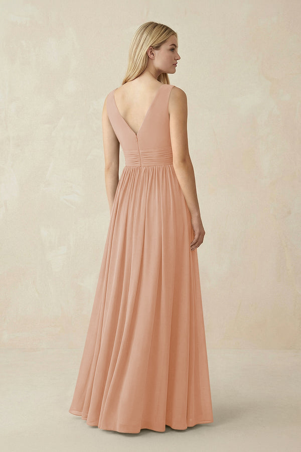 V-Neck Chiffon Pleated A-Line Bridesmaid Dress in Champagne Rose - KissProm BRIDESMAID DRESSES