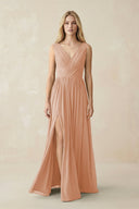 V-Neck Chiffon Pleated A-Line Bridesmaid Dress in Champagne Rose - KissProm BRIDESMAID DRESSES