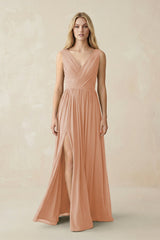 V-Neck Chiffon Pleated A-Line Bridesmaid Dress in Champagne Rose - KissProm BRIDESMAID DRESSES