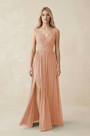 V-Neck Chiffon Pleated A-Line Bridesmaid Dress in Champagne Rose - KissProm BRIDESMAID DRESSES