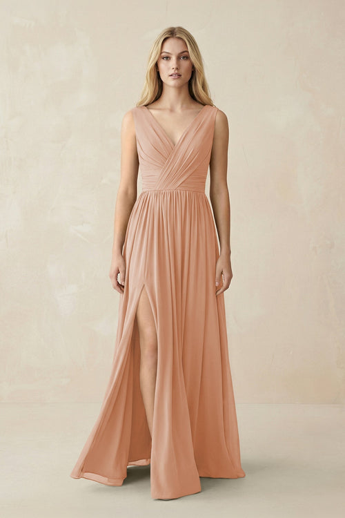 V-Neck Chiffon Pleated A-Line Bridesmaid Dress in Champagne Rose - KissProm BRIDESMAID DRESSES