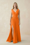 V-Neck Chiffon Pleated A-Line Bridesmaid Dress in Cinnamon - KissProm BRIDESMAID DRESSES