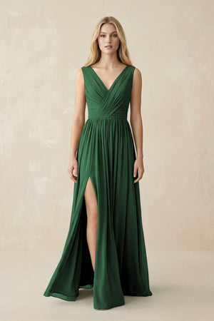 V-Neck Chiffon Pleated A-Line Bridesmaid Dress in Dark Green - KissProm BRIDESMAID DRESSES