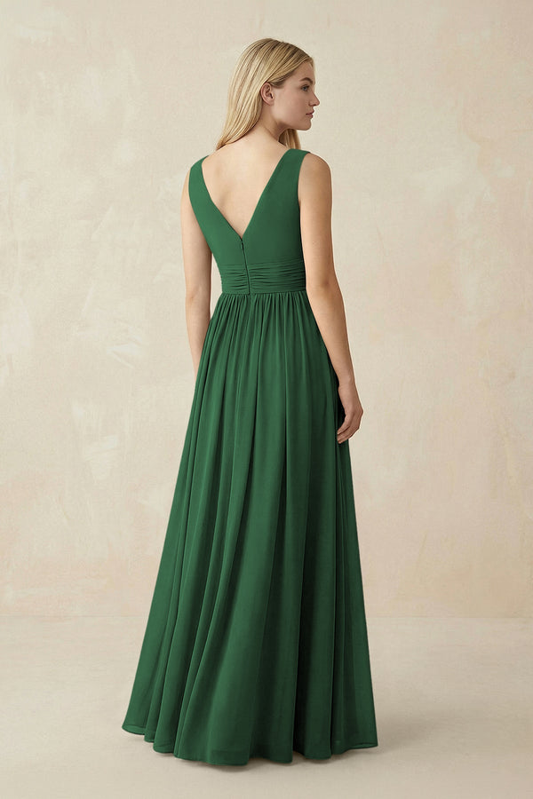 V-Neck Chiffon Pleated A-Line Bridesmaid Dress in Dark Green - KissProm BRIDESMAID DRESSES