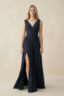 V-Neck Chiffon Pleated A-Line Bridesmaid Dress in Dark Navy - KissProm BRIDESMAID DRESSES