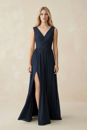 V-Neck Chiffon Pleated A-Line Bridesmaid Dress in Dark Navy - KissProm BRIDESMAID DRESSES