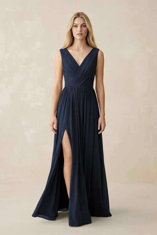 V-Neck Chiffon Pleated A-Line Bridesmaid Dress in Dark Navy - KissProm BRIDESMAID DRESSES