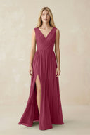 V-Neck Chiffon Pleated A-Line Bridesmaid Dress in Desert Rose - KissProm BRIDESMAID DRESSES