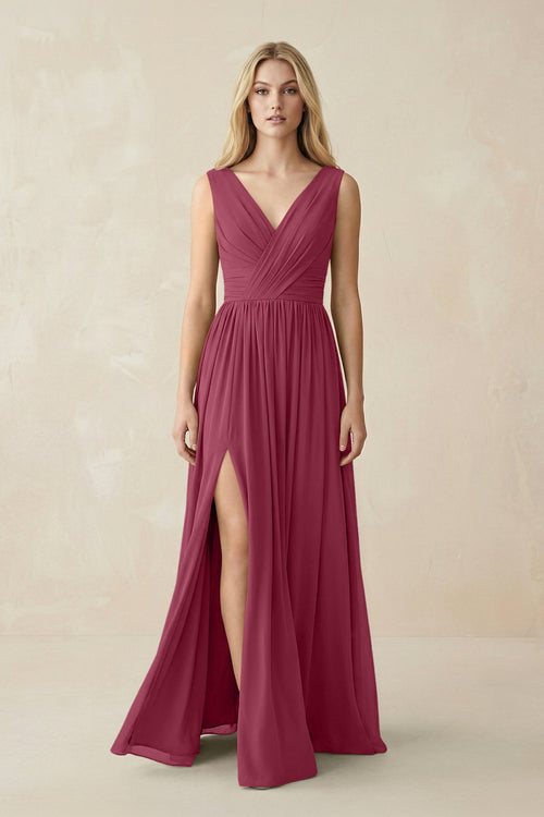 V-Neck Chiffon Pleated A-Line Bridesmaid Dress in Desert Rose - KissProm BRIDESMAID DRESSES