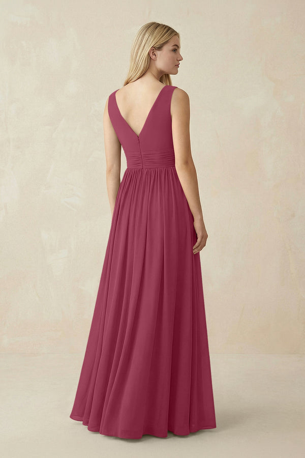 V-Neck Chiffon Pleated A-Line Bridesmaid Dress in Desert Rose - KissProm BRIDESMAID DRESSES