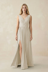 V-Neck Chiffon Pleated A-Line Bridesmaid Dress in Dove Gray - KissProm BRIDESMAID DRESSES