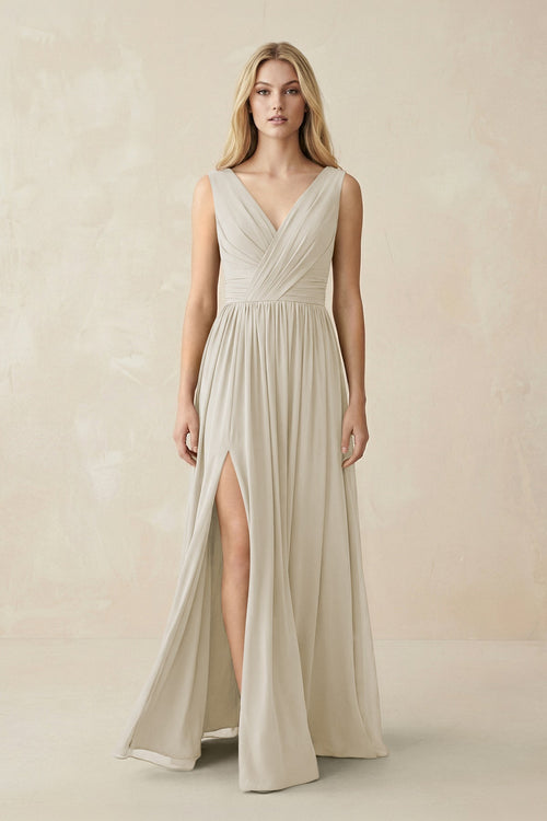 V-Neck Chiffon Pleated A-Line Bridesmaid Dress in Dove Gray - KissProm BRIDESMAID DRESSES