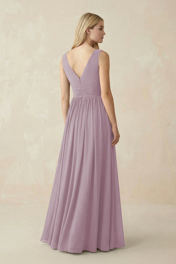 V-Neck Chiffon Pleated A-Line Bridesmaid Dress in Dusk - KissProm BRIDESMAID DRESSES