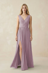 V-Neck Chiffon Pleated A-Line Bridesmaid Dress in Dusk - KissProm BRIDESMAID DRESSES