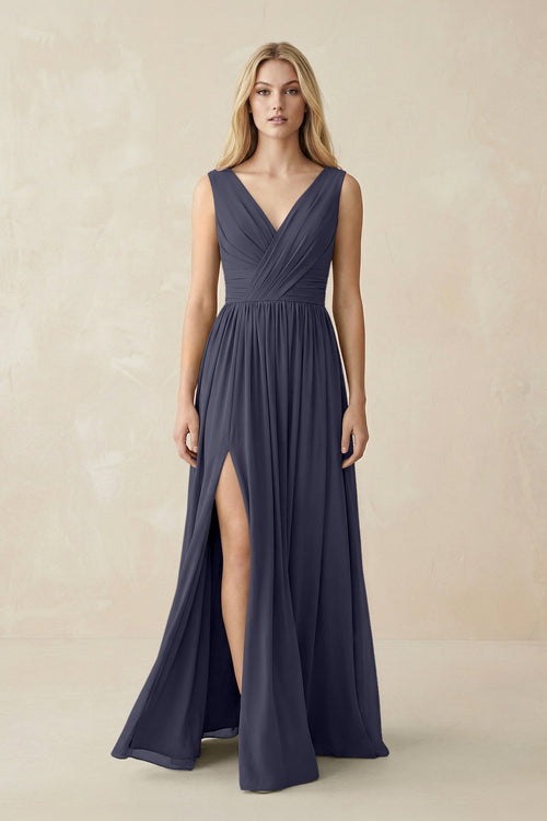 V-Neck Chiffon Pleated A-Line Bridesmaid Dress in Dusk Blue - KissProm BRIDESMAID DRESSES