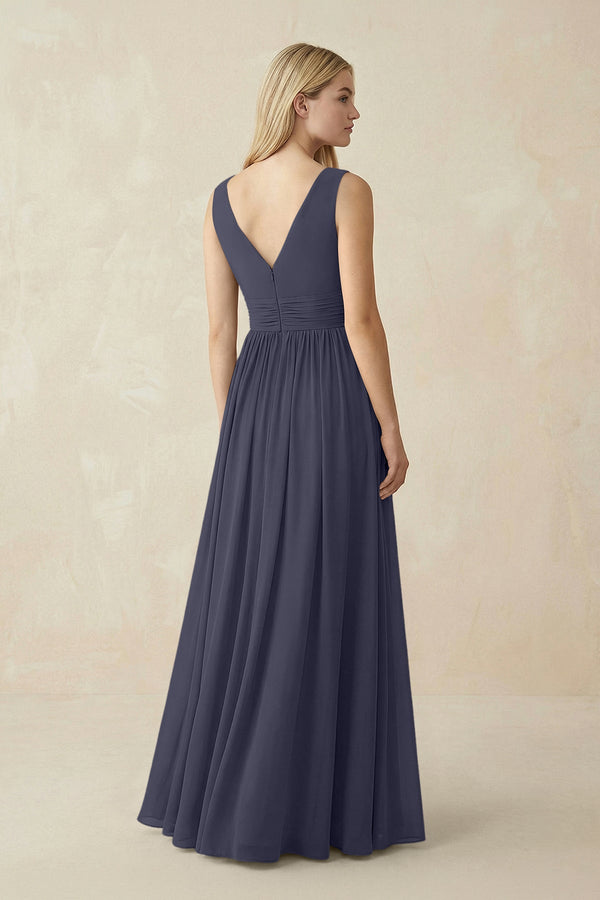 V-Neck Chiffon Pleated A-Line Bridesmaid Dress in Dusk Blue - KissProm BRIDESMAID DRESSES